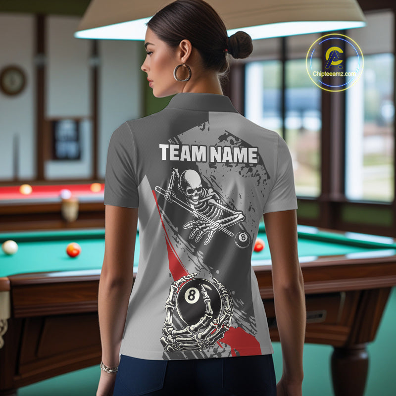 8 Ball Skeleton Custom Billiard Polo & 1/4 Zip For Women, Funny 8 Ball Pool Billiard Team Jersey|Red TDM5676