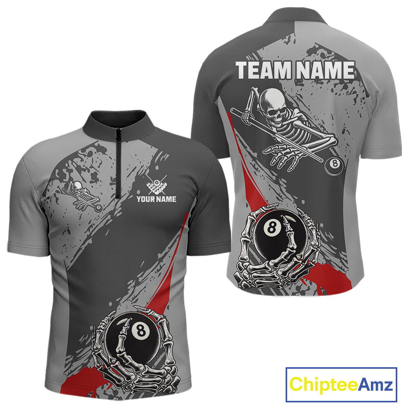 8 Ball Skeleton Custom Billiard Polo & 1/4 Zip For Men, Funny 8 Ball Pool Billiard Team Jersey|Red TDM5676