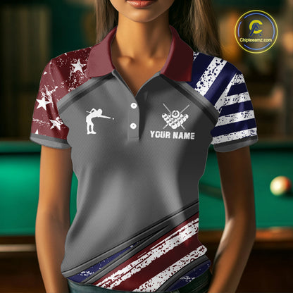 Personalized US Flag 8 Ball Pool Billiard Shirt For Women Custom Patriotic Billiard Team Jersey TDM5678