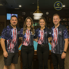 Load image into Gallery viewer, Personalized American Flag Smoke Billiard Jersey For Women, Patriotic 8 Ball Pool Billiard Shirt TDM5679