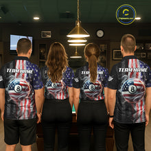 Load image into Gallery viewer, Personalized American Flag Smoke Billiard Jersey For Women, Patriotic 8 Ball Pool Billiard Shirt TDM5679