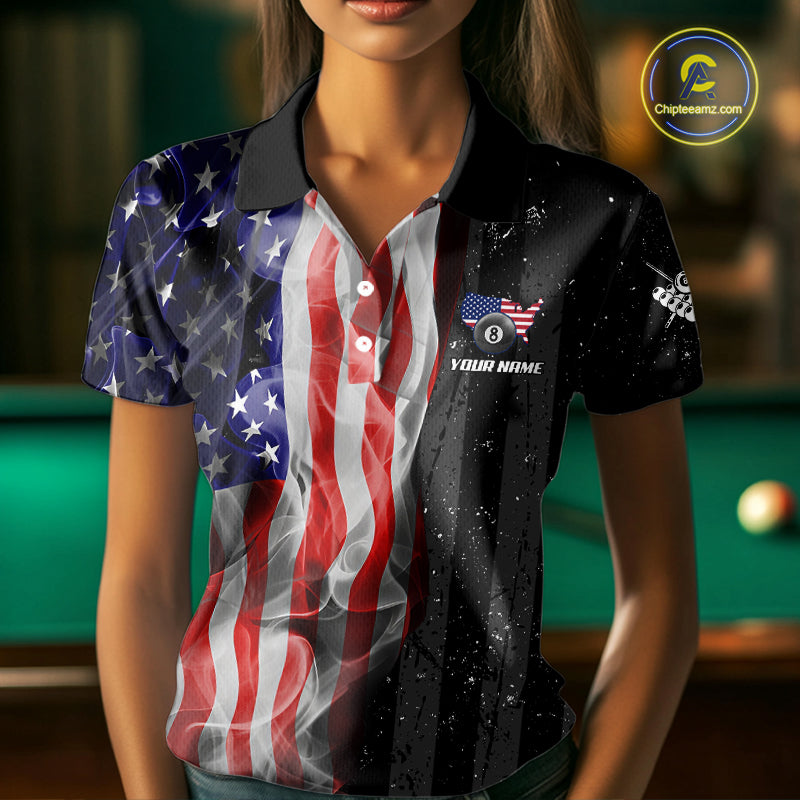 Personalized American Flag Smoke Billiard Jersey For Women, Patriotic 8 Ball Pool Billiard Shirt TDM5679