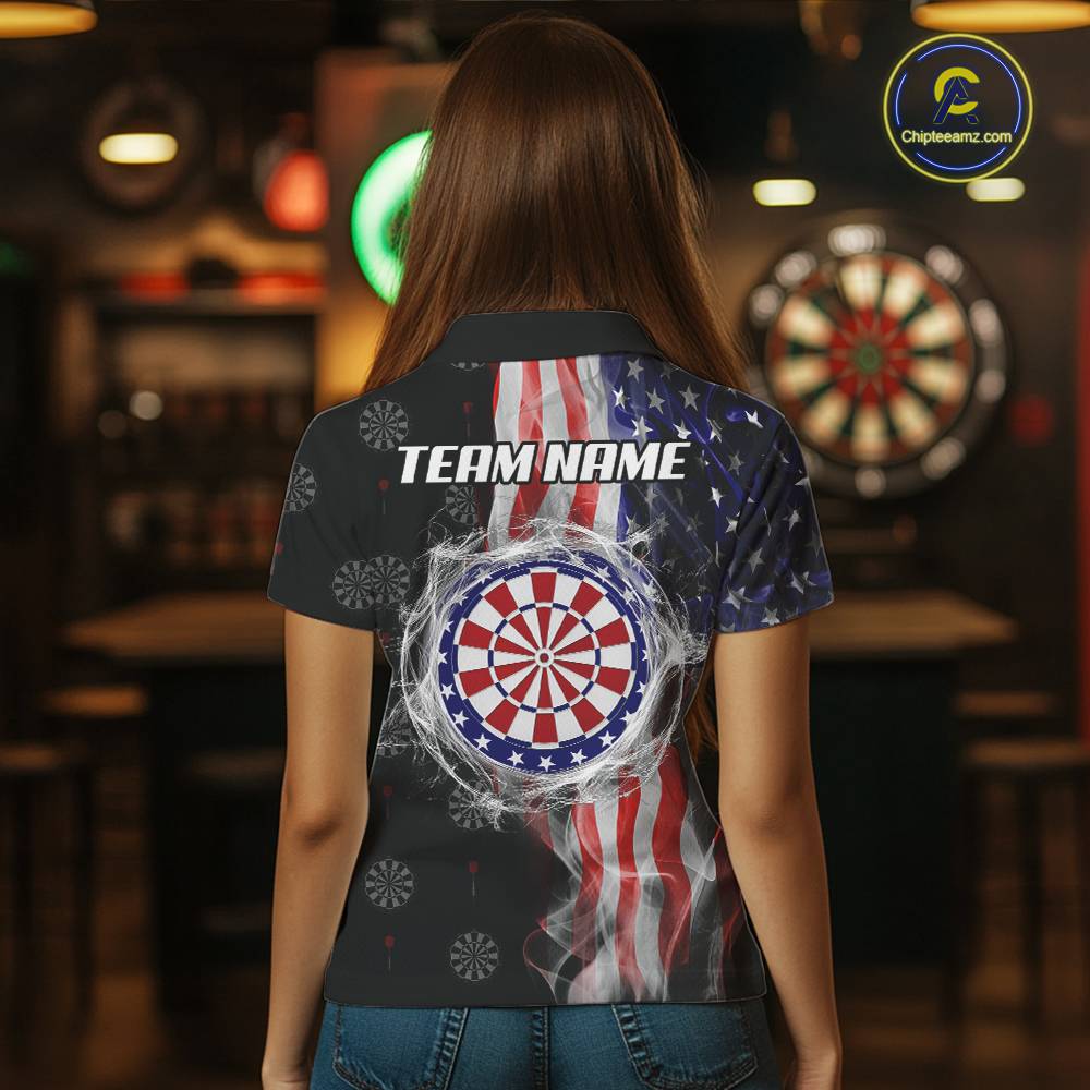 Personalized American Flag Smoke Darts Shirt For Women, Patriotic Darts Jersey Team Polo & 1/4 Zip TDM5680