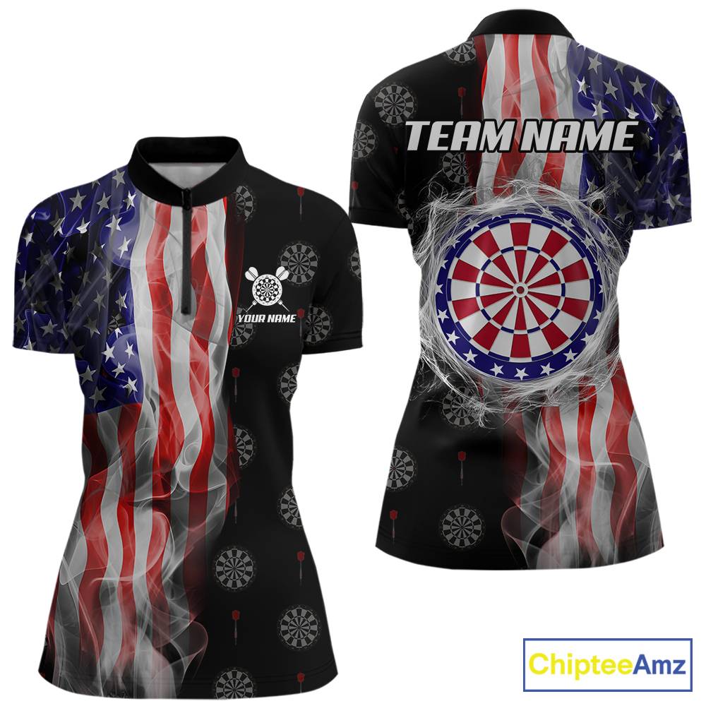 Personalized American Flag Smoke Darts Shirt For Women, Patriotic Darts Jersey Team Polo & 1/4 Zip TDM5680