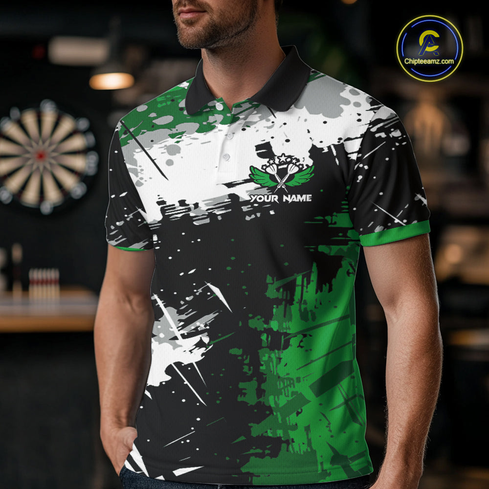 Custom Green Grunge Darts Shirt With Pocket Option For Men, Dart Team Jersey TDM5887