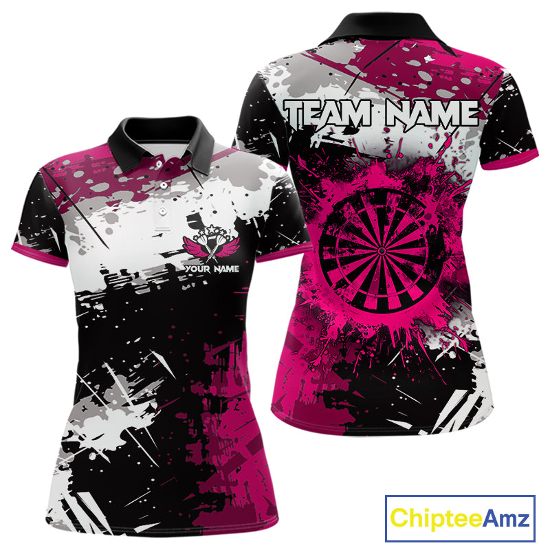 Pink Grunge Paint Splash Dart Polo & Quarter Zip Custom Dart Shirts For Women Darts Team Jerseys TDM3859
