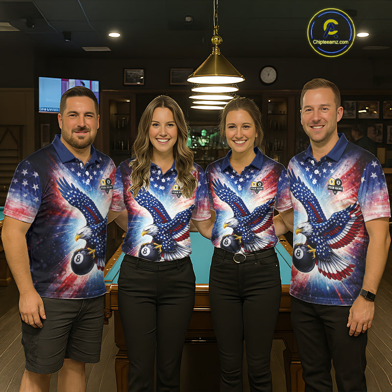 Custom 8 Ball & 9 Ball American Flag Eagle Billiard Shirt For Men, Pool Team Jersey Polo & 1/4 Zip TDM6281