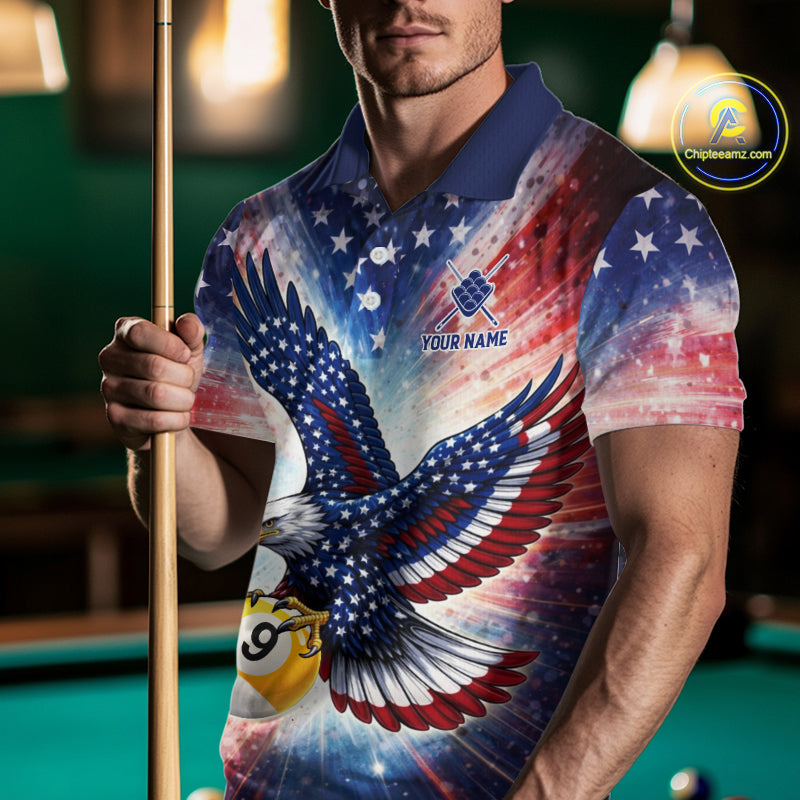 Custom 9 Ball American Flag Eagle Billiard Shirt For Men, Patriotic Pool Team Jersey Polo, 1/4 Zip TDM6282