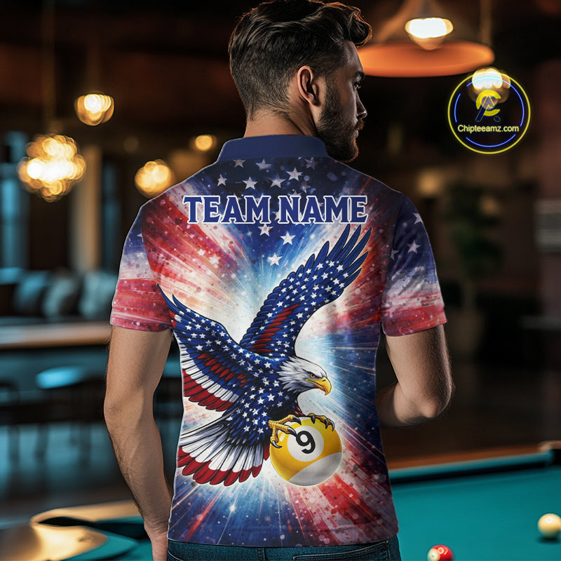 Custom 9 Ball American Flag Eagle Billiard Shirt For Men, Patriotic Pool Team Jersey Polo, 1/4 Zip TDM6282