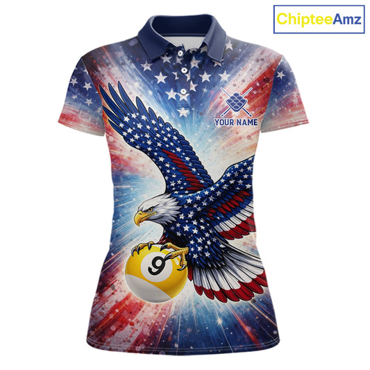 Custom 9 Ball American Flag Eagle Billiard Shirt For Women, Patriotic Pool Team Jersey Polo, 1/4 Zip TDM6282