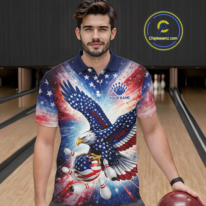 American Flag Eagle Bowling Polo & 1/4 Zip Shirts For Men Custom Patriotic Bowling Team Jersey TDM6284