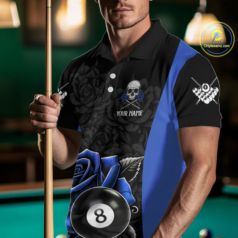 Black And Blue 8 Ball Pool And Roses Custom Skull Billiard Shirts For Men, Billiard Team Jersey TDM6286