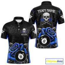 Load image into Gallery viewer, Black And Blue 8 Ball Pool And Roses Custom Skull Billiard Shirts For Men, Billiard Team Jersey TDM6286
