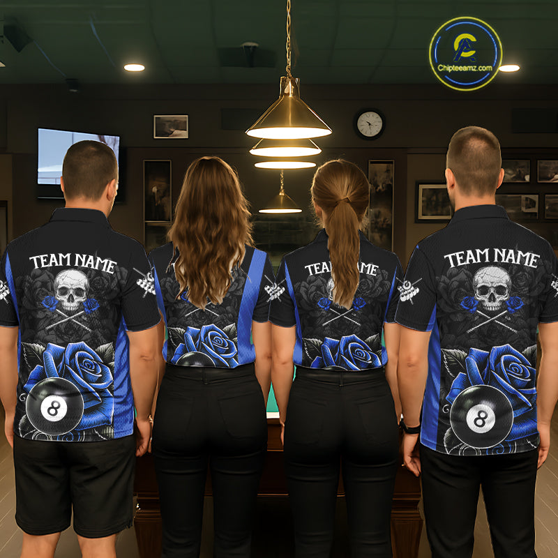 Black And Blue 8 Ball Pool And Roses Custom Skull Billiard Shirts For Women, Billiard Team Jersey TDM6286