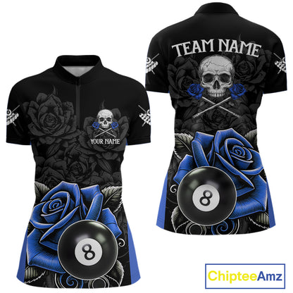 Black And Blue 8 Ball Pool And Roses Custom Skull Billiard Shirts For Women, Billiard Team Jersey TDM6286