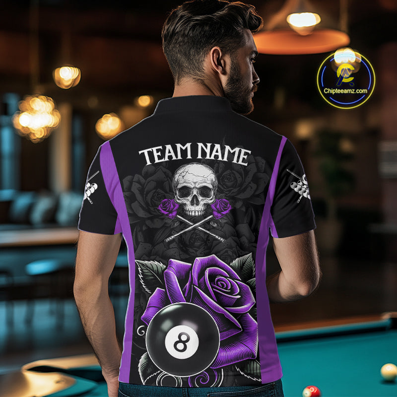 Black And Purple 8 Ball Pool And Roses Custom Skull Billiard Shirts For Men, Billiard Team Jersey TDM6287