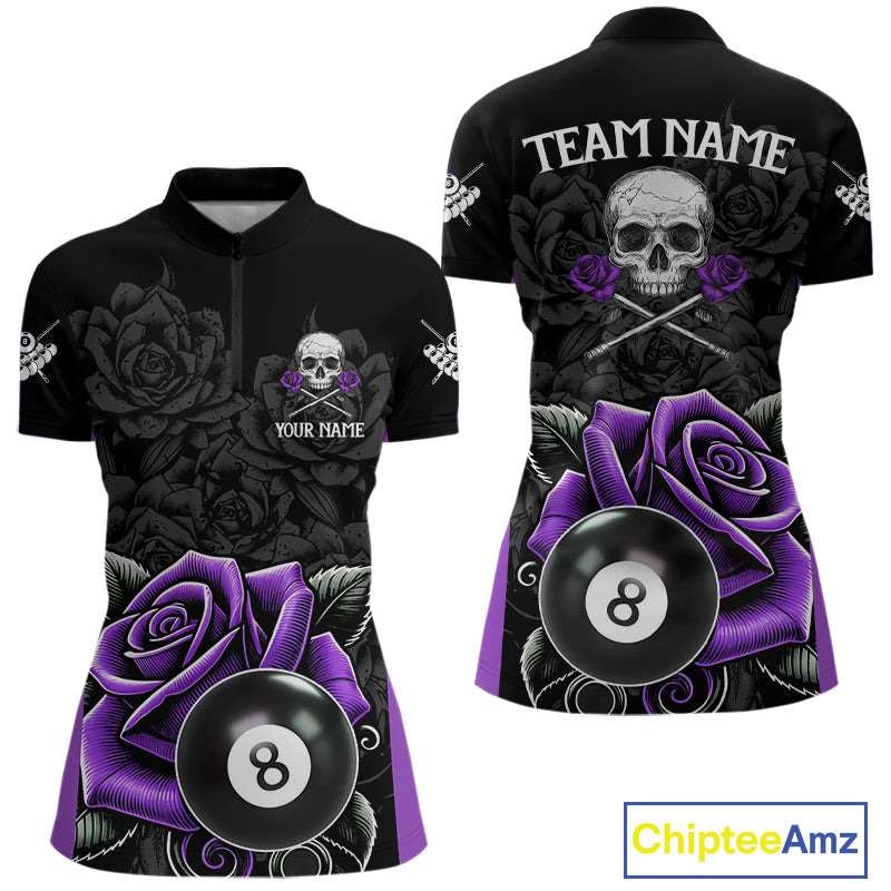 Black And Purple 8 Ball Pool And Roses Custom Skull Billiard Shirts For Women, Billiard Team Jersey TDM6287