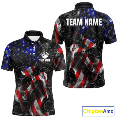 Custom American Flag Smoke Bowling Shirt For Men, Patriotic Team Bowling Jersey Polo & 1/4 Zip TDM6290