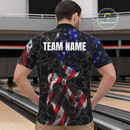Custom American Flag Smoke Bowling Shirt For Men, Patriotic Team Bowling Jersey Polo & 1/4 Zip TDM6290
