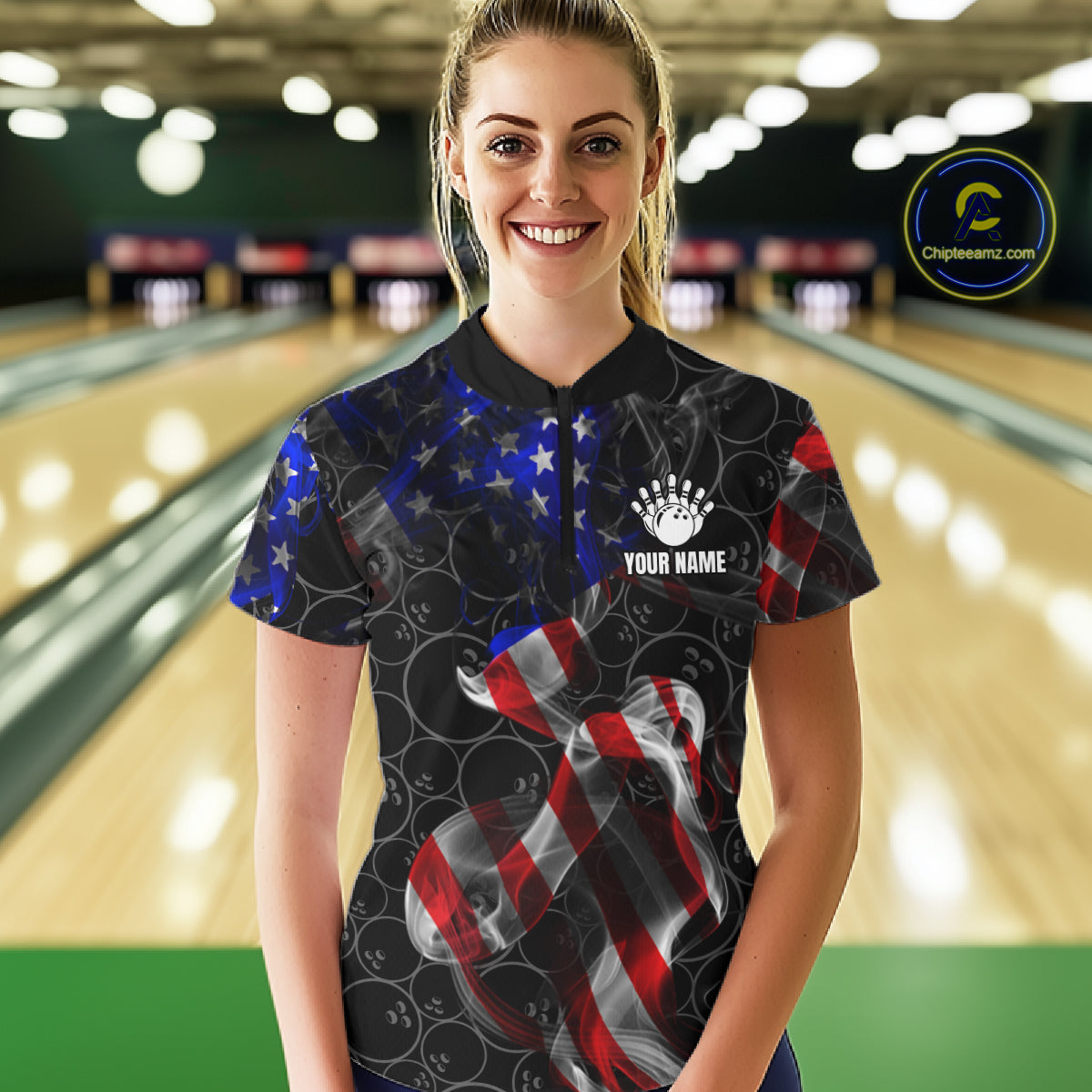 Custom American Flag Smoke Bowling Shirt For Women, Patriotic Team Bowling Jersey Polo & 1/4 Zip TDM6290
