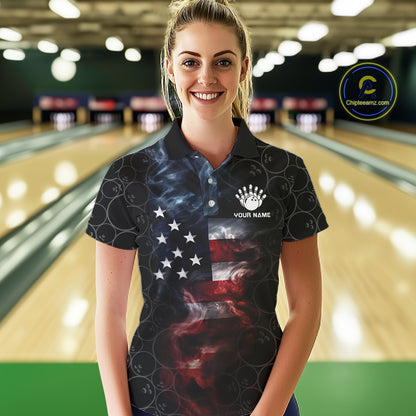 Custom American Flag Smoke Bowling Shirt For Women, Patriotic Bowling Jersey Team Polo & 1/4 Zip TDM6291