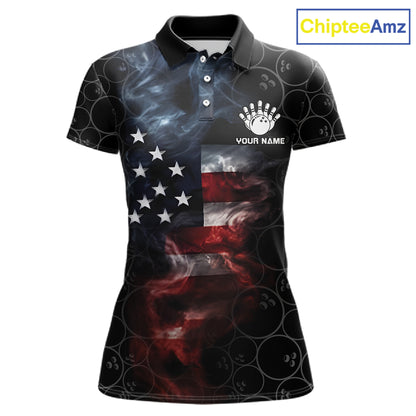 Custom American Flag Smoke Bowling Shirt For Women, Patriotic Bowling Jersey Team Polo & 1/4 Zip TDM6291