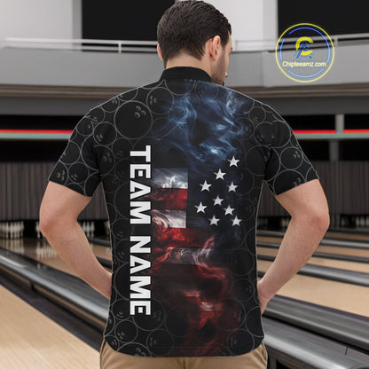 Custom American Flag Smoke Bowling Shirt For Men, Patriotic Bowling Jersey Team Polo & 1/4 Zip TDM6291