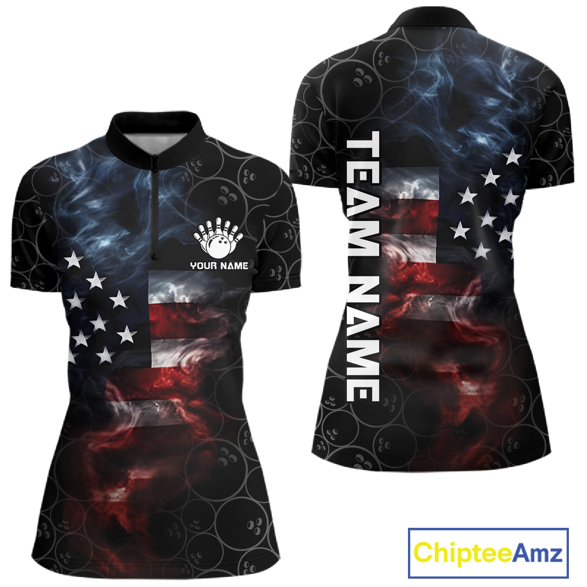 Custom American Flag Smoke Bowling Shirt For Women, Patriotic Bowling Jersey Team Polo & 1/4 Zip TDM6291