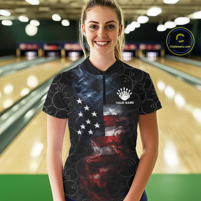 Custom American Flag Smoke Bowling Shirt For Women, Patriotic Bowling Jersey Team Polo & 1/4 Zip TDM6291