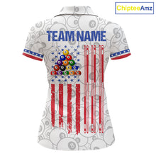 Load image into Gallery viewer, White American flag 8 ball billiard polo shirt for women with patriotic pool team graphics.