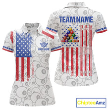 Load image into Gallery viewer, White American flag 8 ball billiard polo shirt for women with patriotic pool team graphics.
