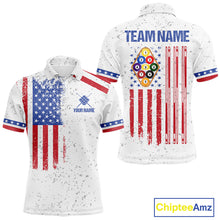 Load image into Gallery viewer, White American flag 9 ball billiard polo shirt for men with patriotic pool team graphics.