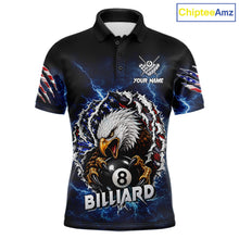 Load image into Gallery viewer, Blue lightning American flag eagle 8 ball billiard polo shirt for men with patriotic pool team graphics.