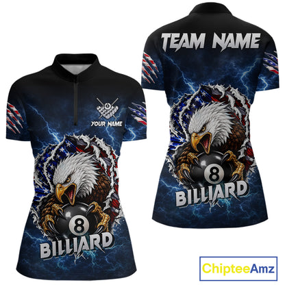 Blue lightning American flag eagle 8 ball billiard polo shirt for women with patriotic pool team graphics.