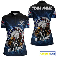 Load image into Gallery viewer, Blue lightning American flag eagle 8 ball billiard polo shirt for women with patriotic pool team graphics.