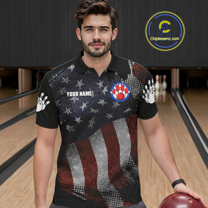 Man wearing retro American flag patriotic bowling polo shirt front view.