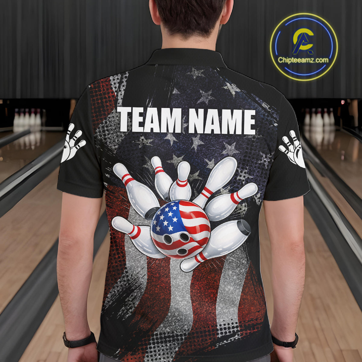 Man wearing retro American flag patriotic bowling polo shirt back view.