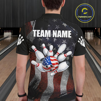 Man wearing retro American flag patriotic bowling polo shirt back view.