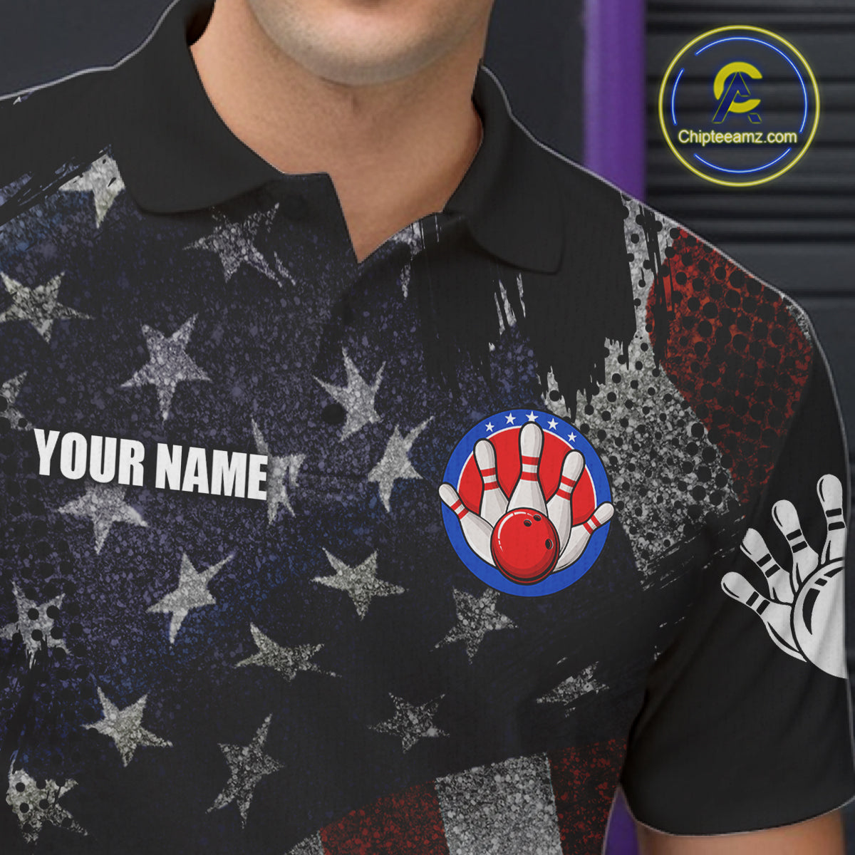 Close-up of the collar, buttons and chest detail on the retro American flag patriotic bowling polo shirt for men.