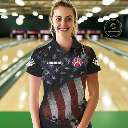 Woman wearing retro American flag patriotic bowling polo shirt front view.
