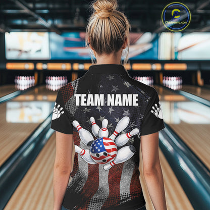 Woman wearing retro American flag patriotic bowling polo shirt back view.