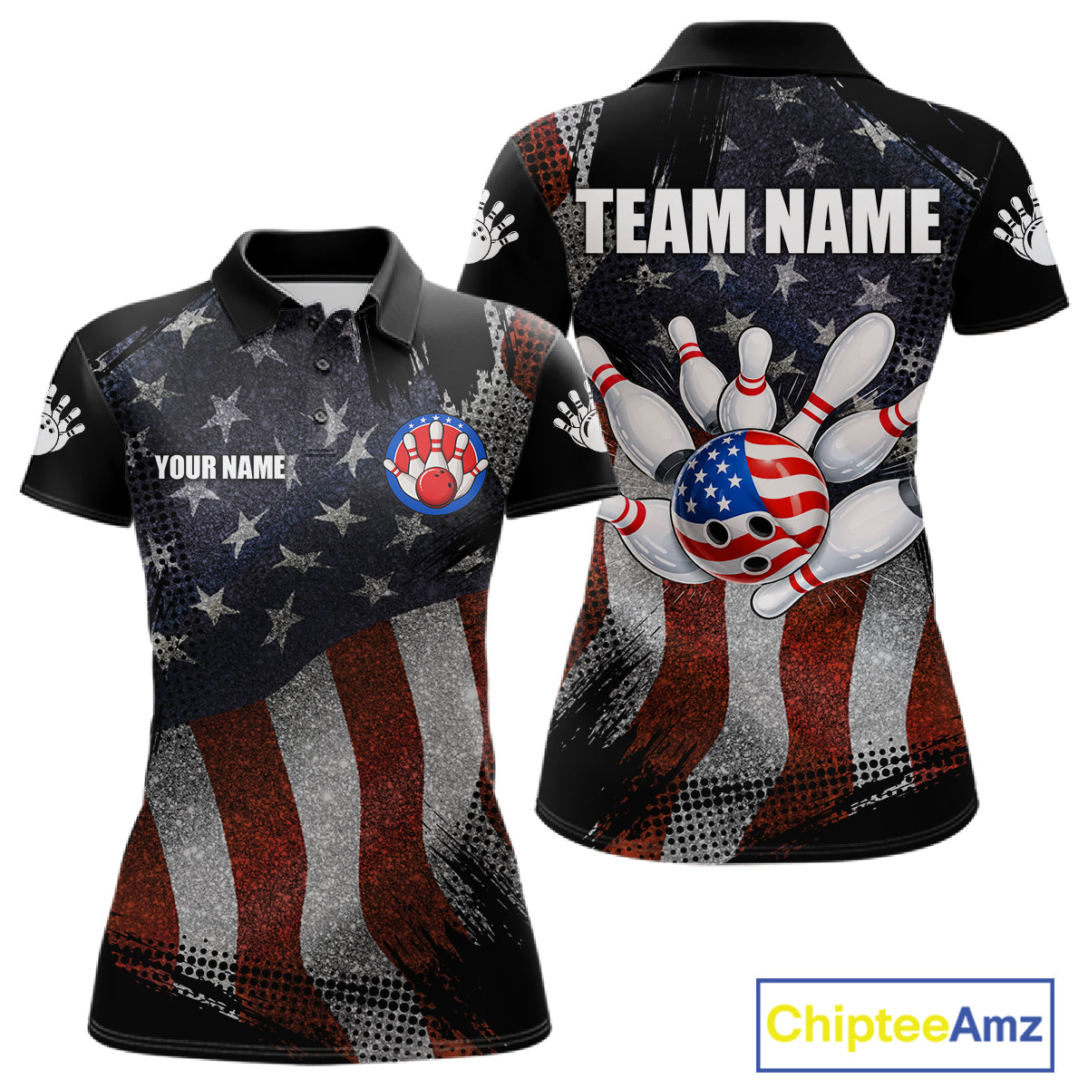 Retro American flag patriotic bowling team jersey polo shirt for women, custom bowling league apparel with vintage USA flag design.