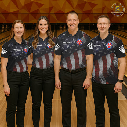 Bowling team wearing matching retro American flag patriotic bowling jerseys front view.