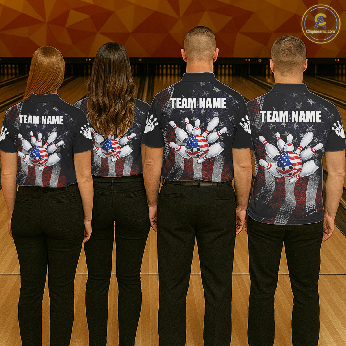 Bowling team wearing matching retro American flag patriotic bowling jerseys back view.