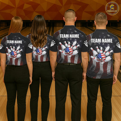 Bowling team wearing matching retro American flag patriotic bowling jerseys back view.