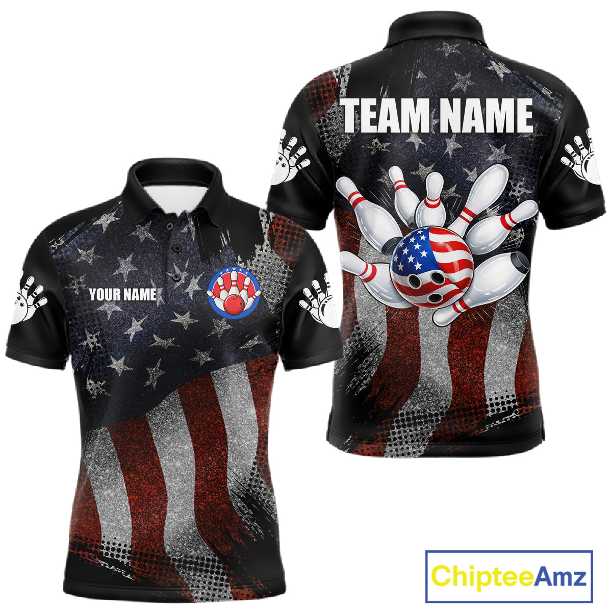 Retro American flag patriotic bowling team jersey polo shirt for men, custom bowling league apparel with vintage USA flag design.