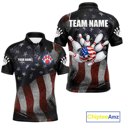 Retro American flag patriotic bowling team jersey polo shirt for men, custom bowling league apparel with vintage USA flag design.
