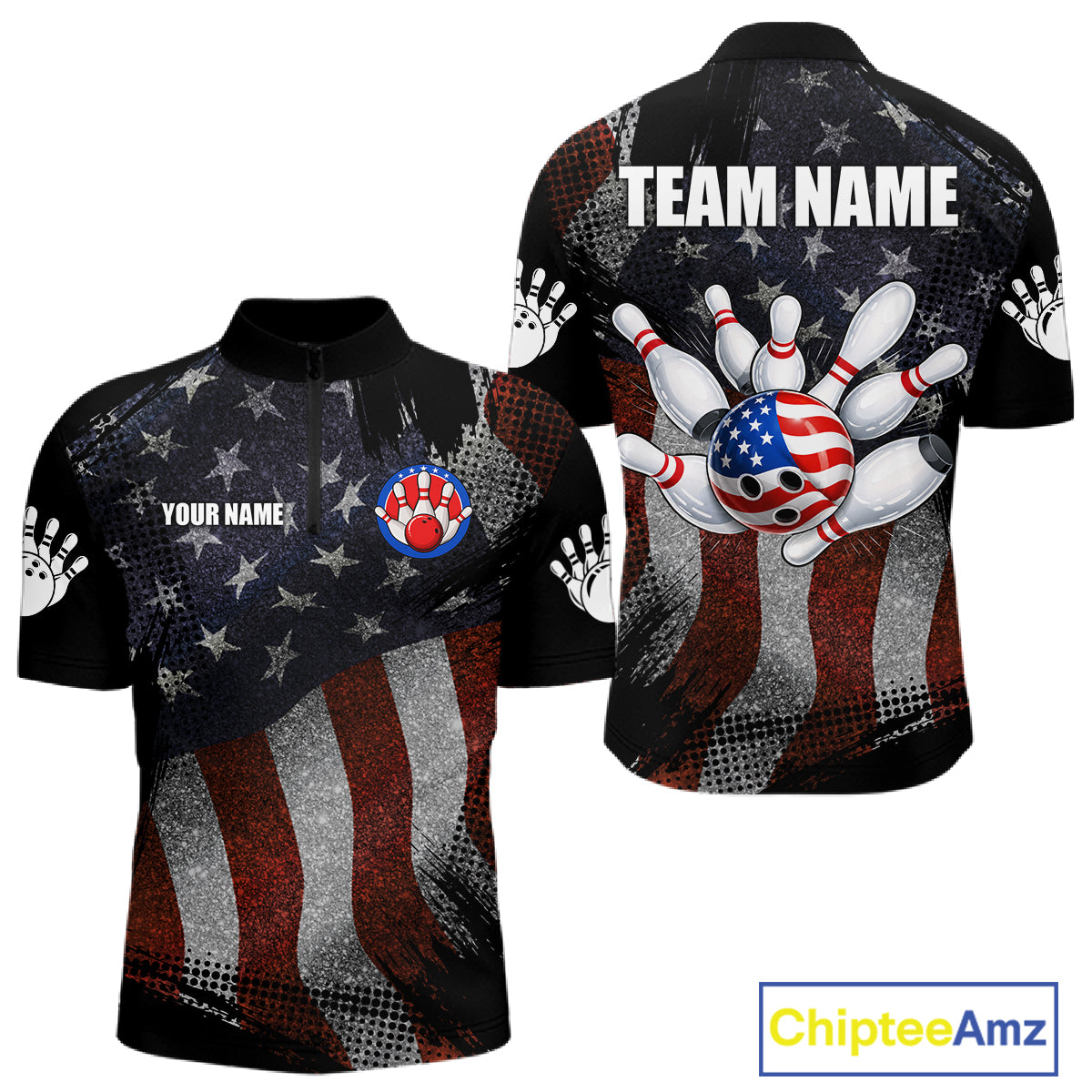 Retro American flag patriotic bowling team quarter zip shirt for men, custom patriotic bowling league jersey.