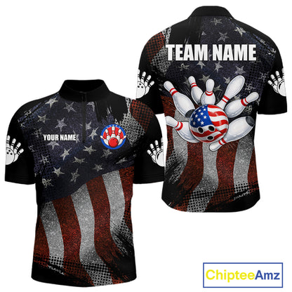 Retro American flag patriotic bowling team quarter zip shirt for men, custom patriotic bowling league jersey.