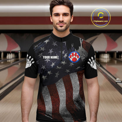 Man wearing retro American flag patriotic bowling quarter zip shirt front view.